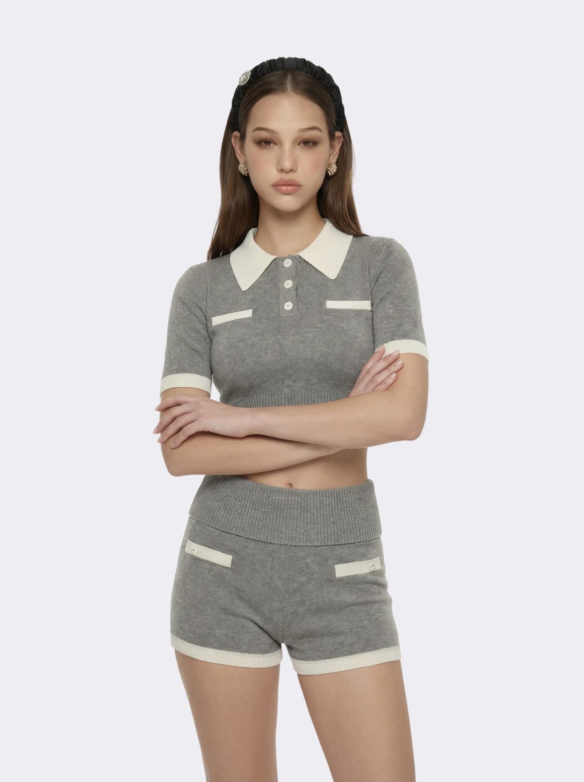 Grey Knit Top with White Contrast Collar | Nana Jacqueline | Nana Jacqueline