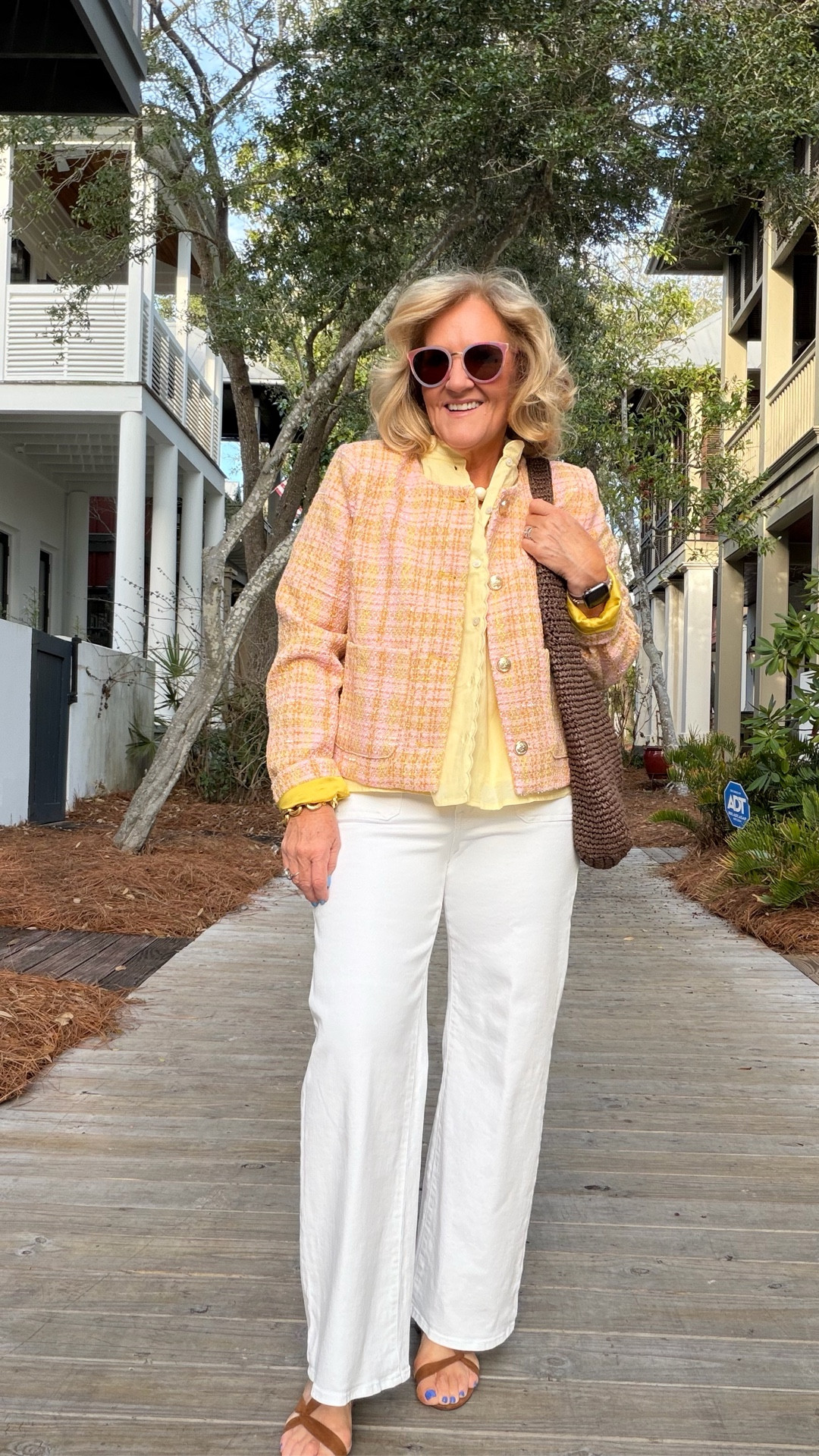 Tonight’s dinner outfit 
Jeans size 29 short size up if you have a tummy 
Jacket and blouse size medium. 
Sandals tts 
Bag restocked! 
Cutest sunglasses! 

#LTKOver40 #LTKWorkwear #LTKPetite