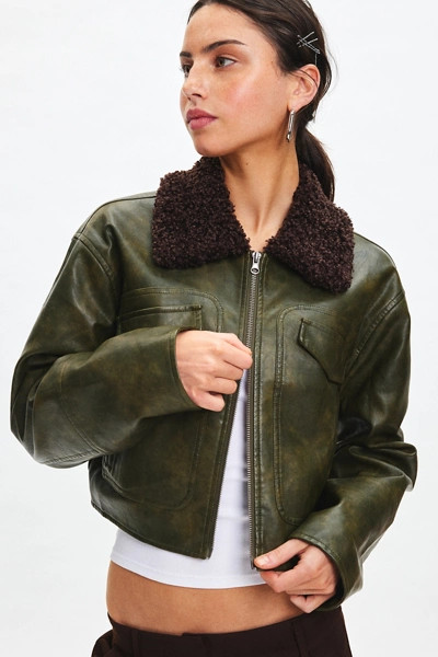 BDG Janine Faux Leather Cropped Aviator Jacket | Urban Outfitters (US and RoW)