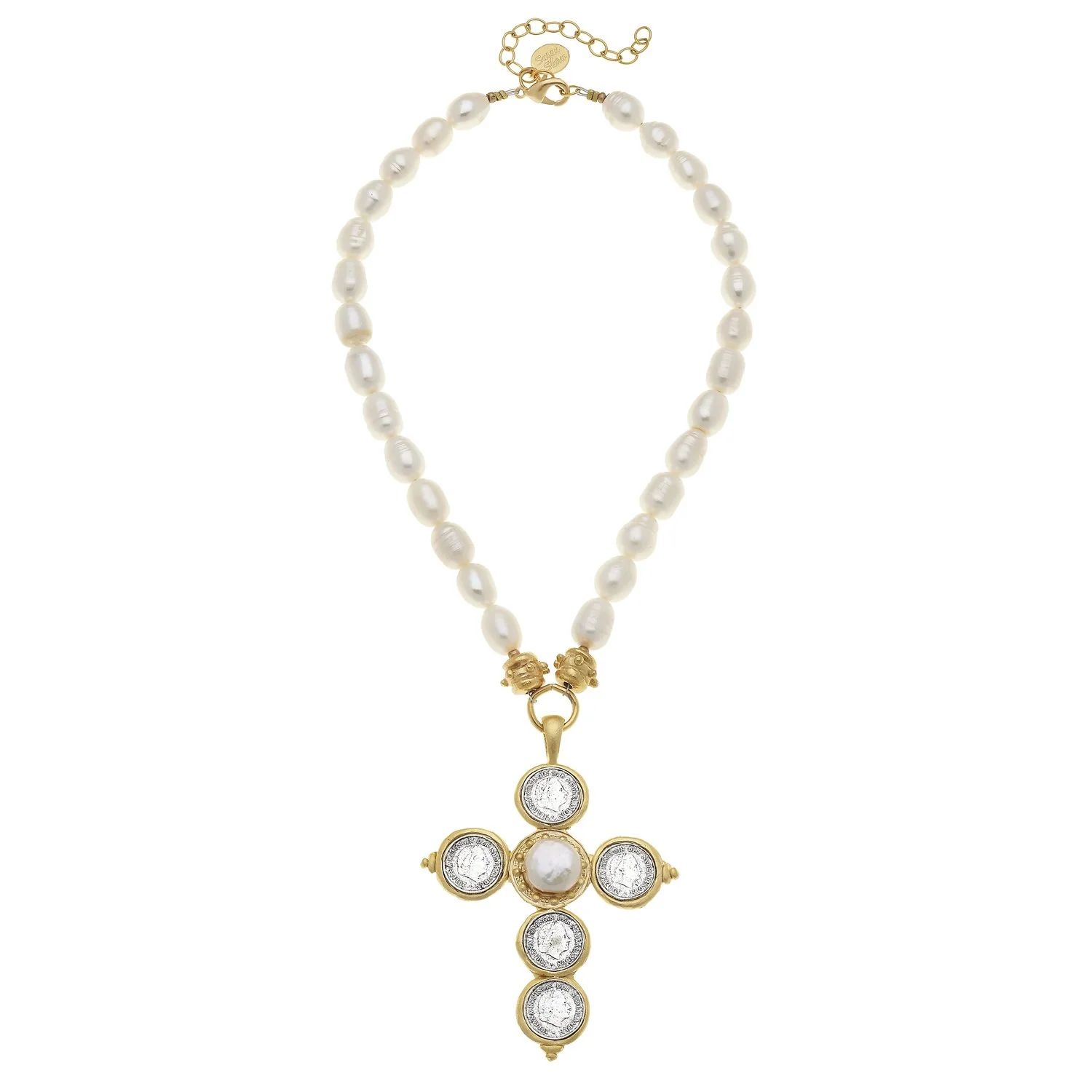 Mixed Metal Coin Cross Pearl Necklace | Susan Shaw