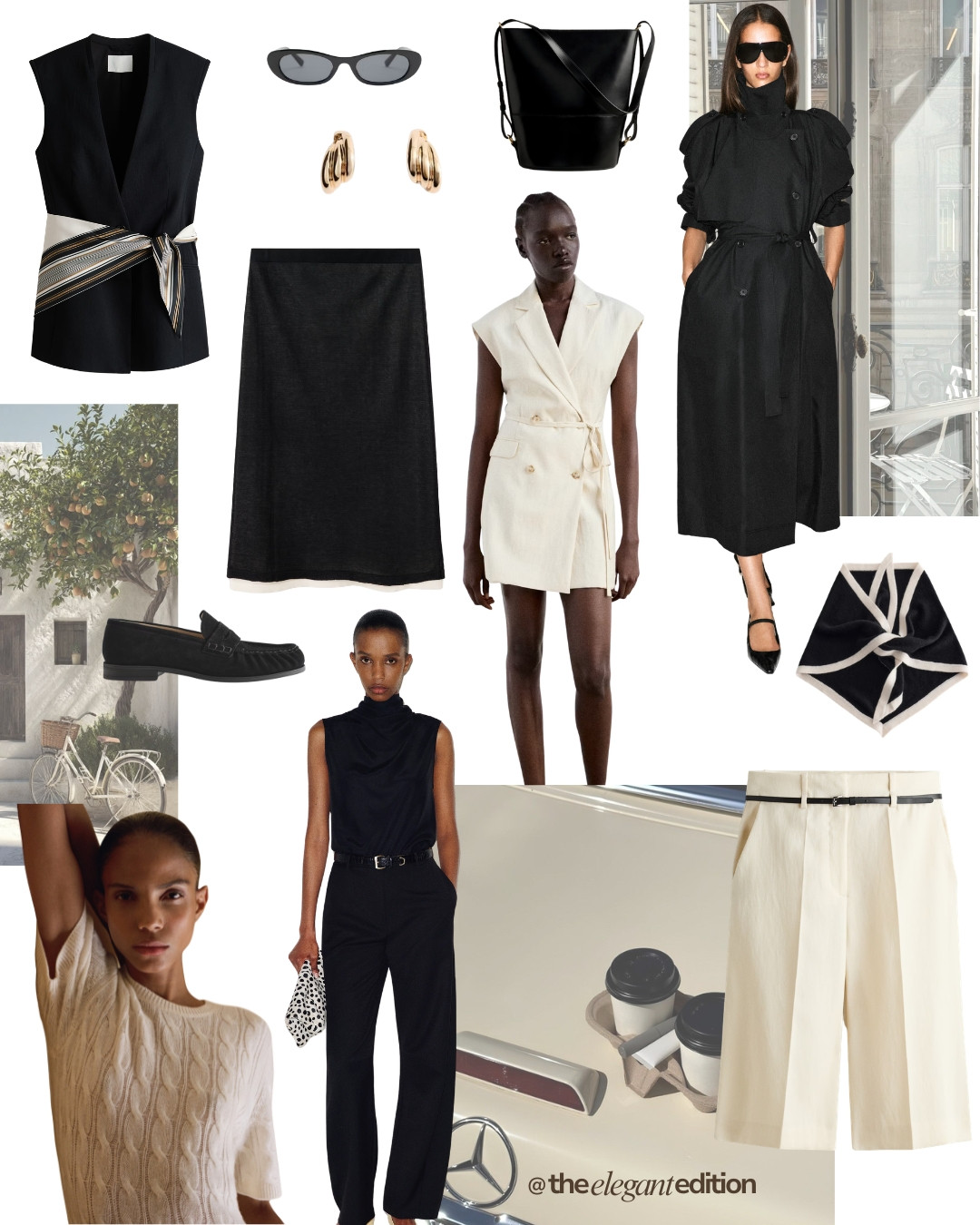 SUMMER TO PRE-FALL EDIT 🖤🤍 — Black striped-belt waistcoat, cat-eye sunglasses, gold hoop earrings, black bucket bag, black midi skirt, cream sleeveless blazer dress, black belted trench coat, black & cream silk scarf, black loafers, cable knit sweater, black turtleneck top and tailored trousers, and cream tailored shorts.
#oldmoney #quietluxury #summertofall #LTKfall #LTKstyletip 

 #LTKFashionMonth #LTKeurope #LTKautumn