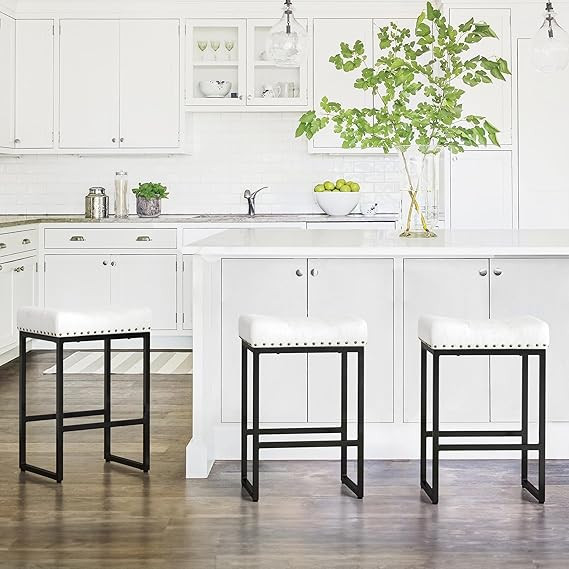 LUE BONA Counter Height Bar Stools, 24" Square Saddle Barstools Set of 3, Modern Backless Faux Le... | Amazon (US)