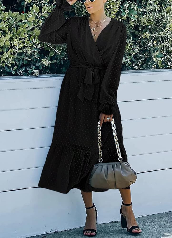 SUPRELOOK Women's Summer Swiss Dot Dress Casual Wrap V-Neck Long Sleeve Waist Tie A-Line Ruffle Midi | Amazon (US)