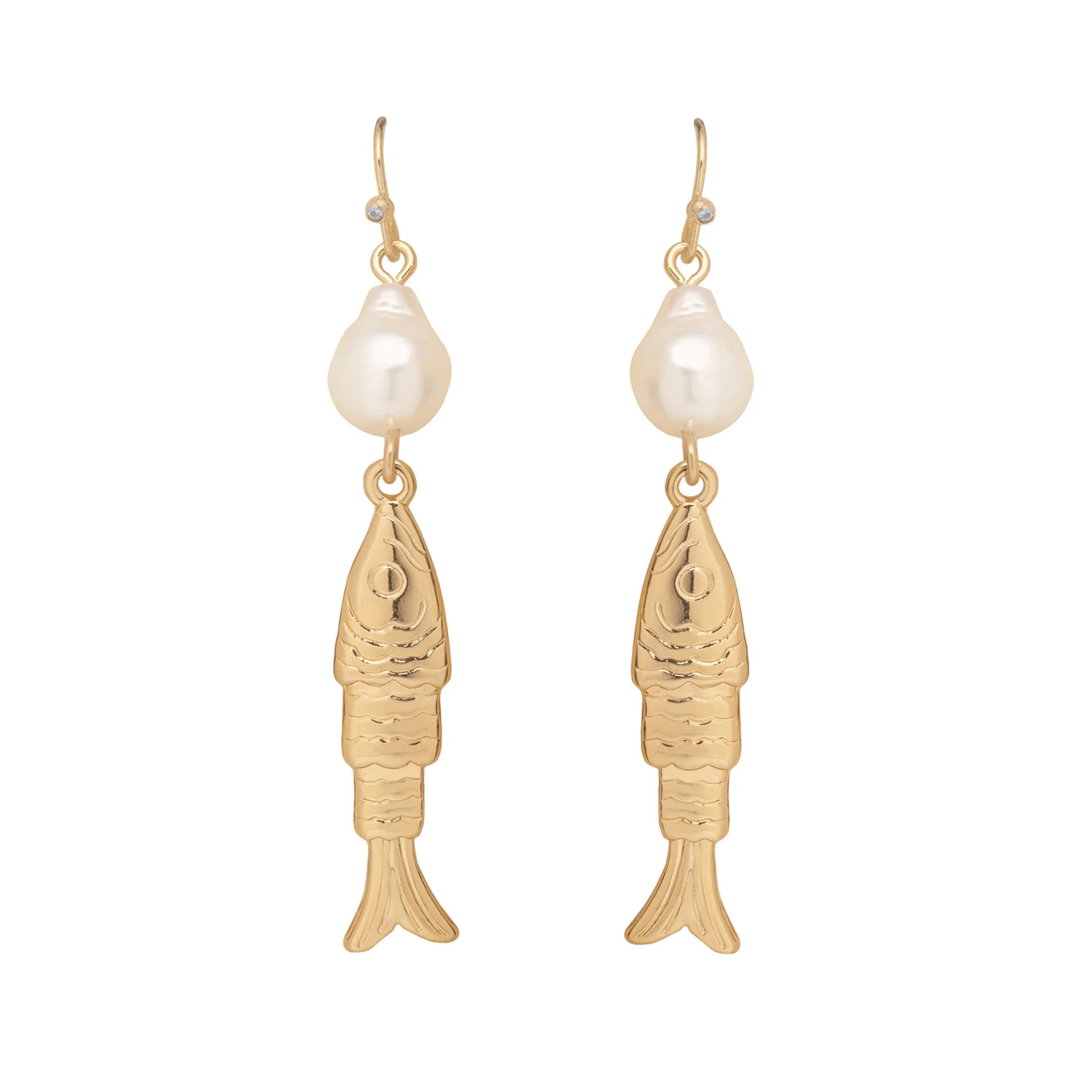 Time and Tru Women's Gold Tone Fish and Pearl Drop Earrings, Fashion Jewelry | Walmart (US)