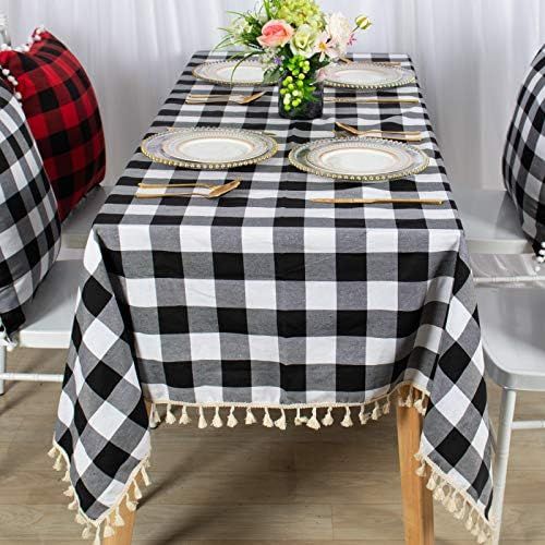AMZLOKAE Checkered Tablecloth Rectangle 54''x80'' Black and White Buffalo Plaid Tablecloth Tassel... | Amazon (US)
