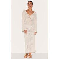 Petite Cream Knit V Neck Maxi Dress | PrettyLittleThing US