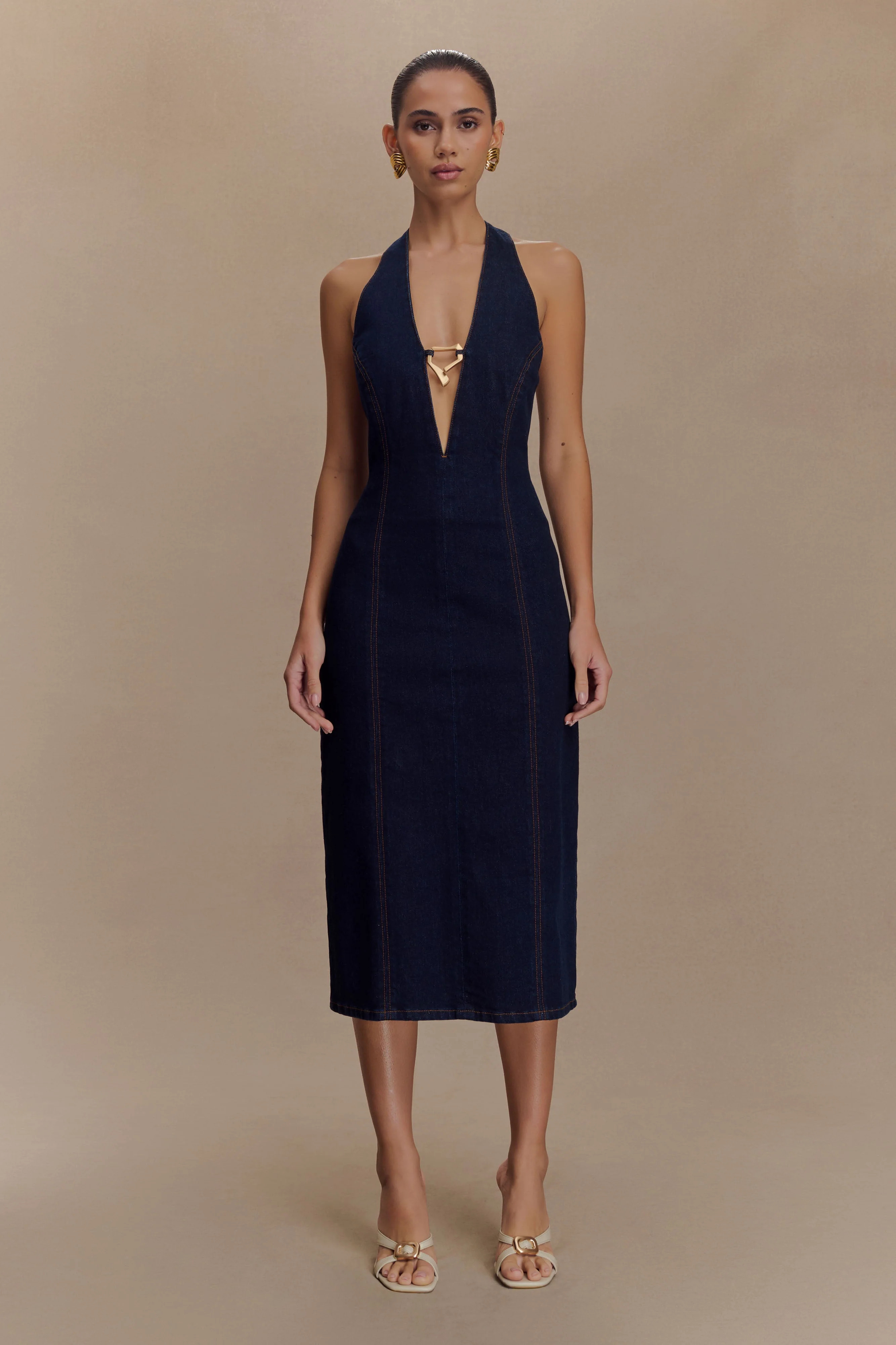 Denim Halter Midi Dress - Indigo Blue | MESHKI US