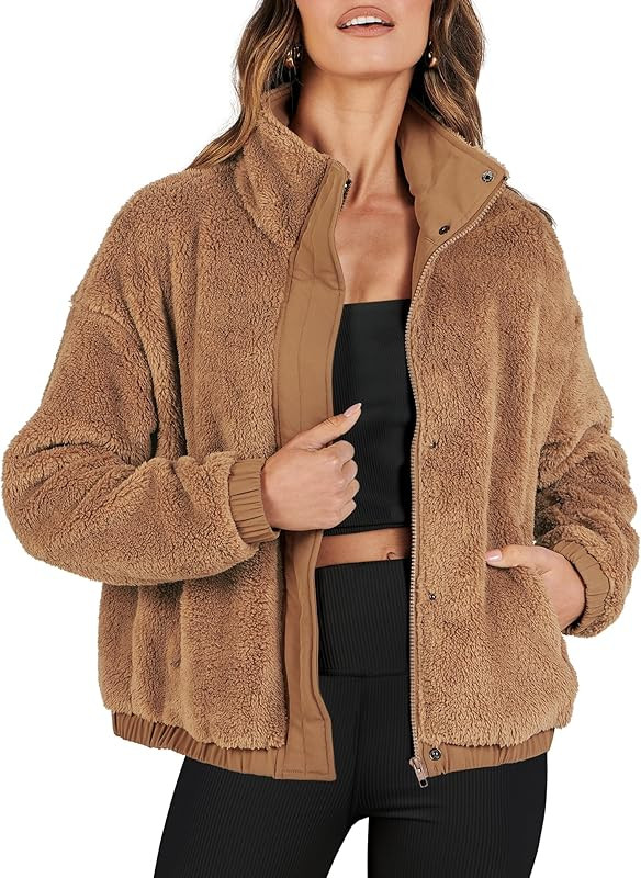 ANRABESS Women Sherpa Fleece Jackets Casual Long Sleeve Buttons Cropped Coat Winter Outwear | Amazon (US)