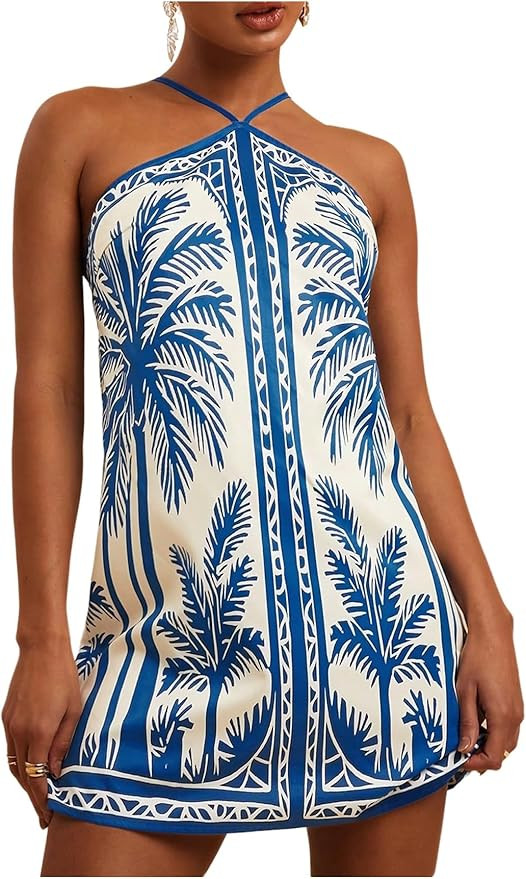 MakeMeChic Women's Tropical Print Halter Neck Dress Summer Tie Backless Spaghetti Strap Boho Shor... | Amazon (US)
