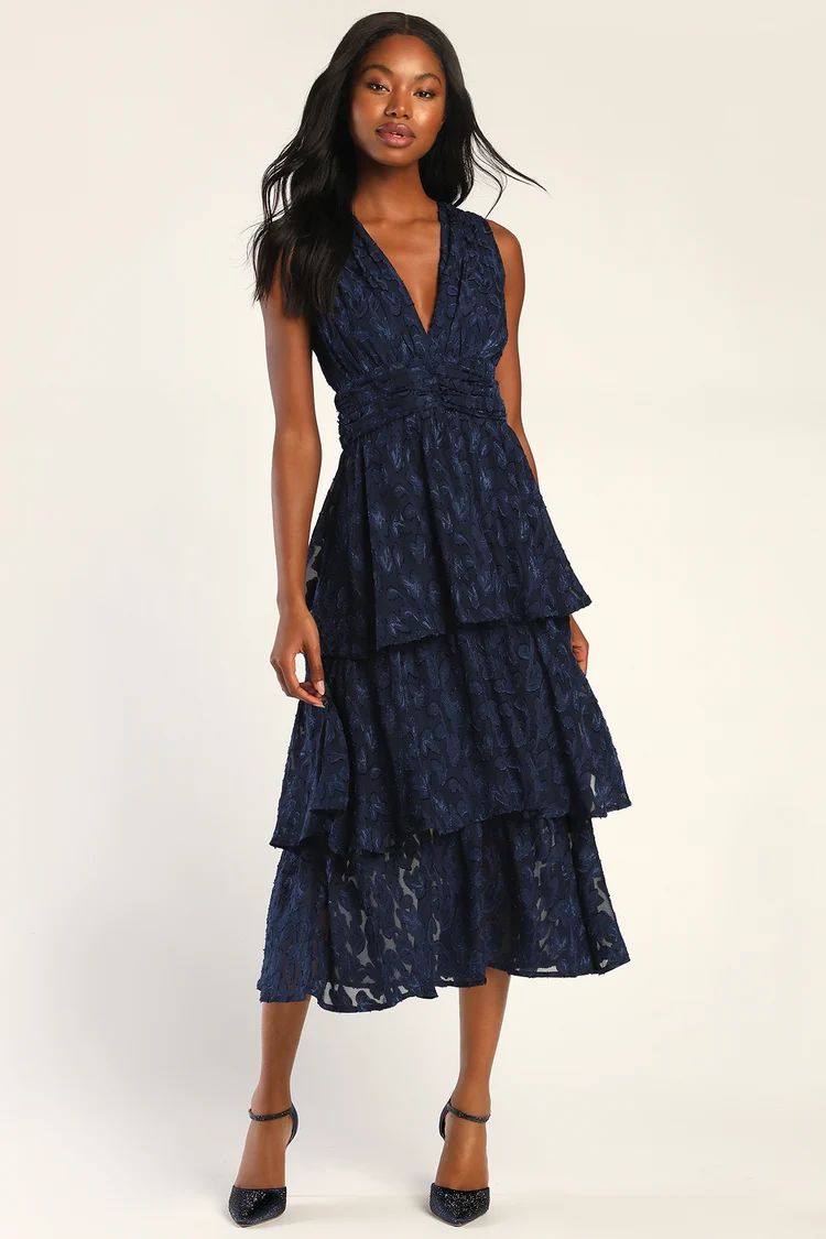 Make It Mesmerizing Navy Blue Jacquard Tiered Midi Dress | Lulus (US)