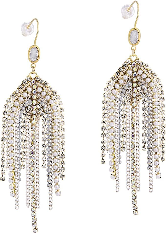 UTTMO Fringe Hook Dangling Earrings,Long Bohemian Handmade Beaded Cubic Zirconia Crystal Statemen... | Amazon (US)