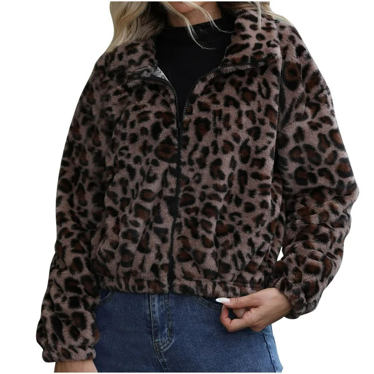 Zpanxa Women's Leopard Print Sherpa Jacket Cozy Fleece Lined Short Zip Up Casual Winter Outerwear... | Walmart (US)