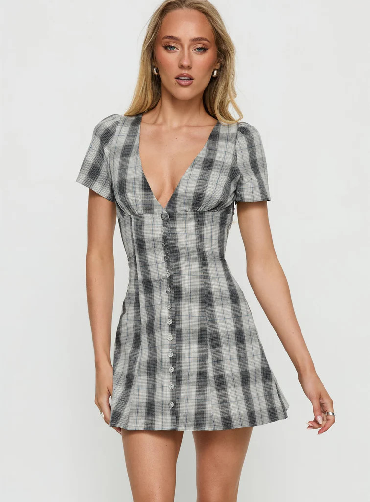 Twist Of Fate V Neck Mini Dress Navy Plaid | Princess Polly US