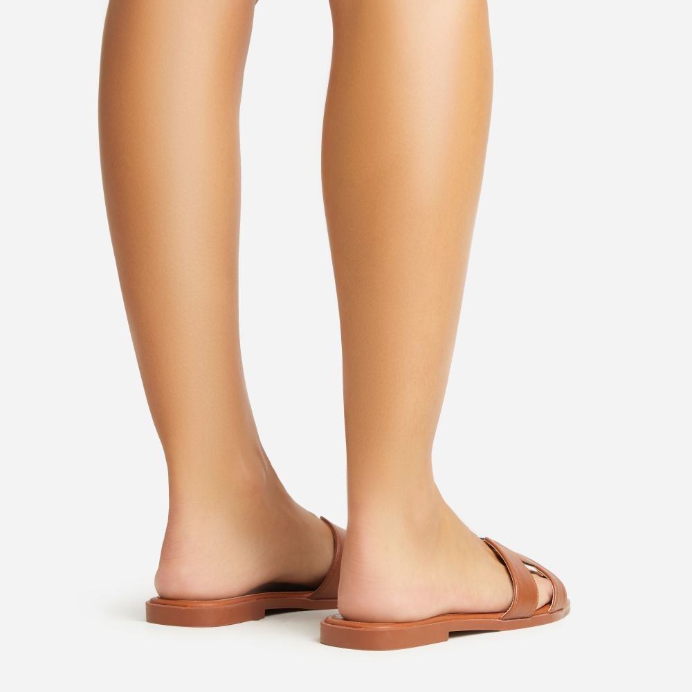 Addison Caged Flat Slider Sandal In Tan Brown Faux Leather | EGO (UK)