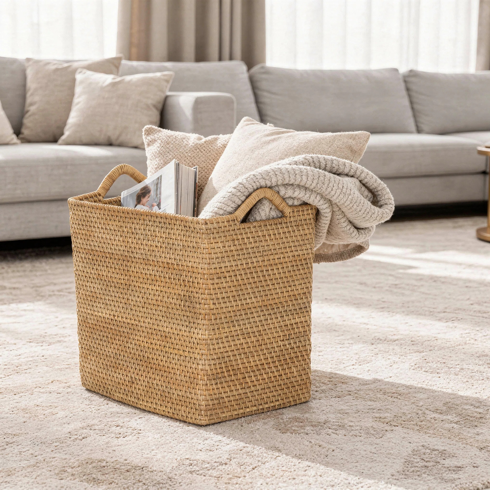 Simran Rectangular Decorative Rattan Storage Basket with Ear Handles, Small, Honey-Brown | Wayfair North America