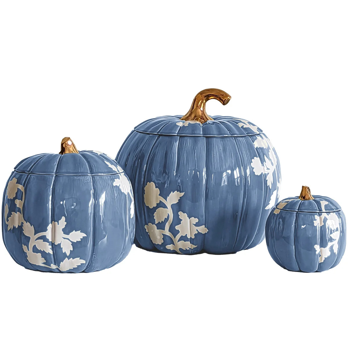 Chinoiserie Pumpkin Jars with 22K Gold Accents in French Blue | Ruby Clay Company