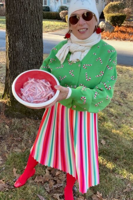 Candy Cane Cardigan with a stripe pleated skirt.  Whimsical look.  

#LTKstyletip #LTKfindsunder50 #LTKsalealert