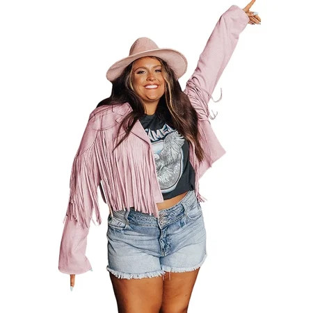 Women Pink Fringe Plus Size Cropped Jacket | Walmart (US)