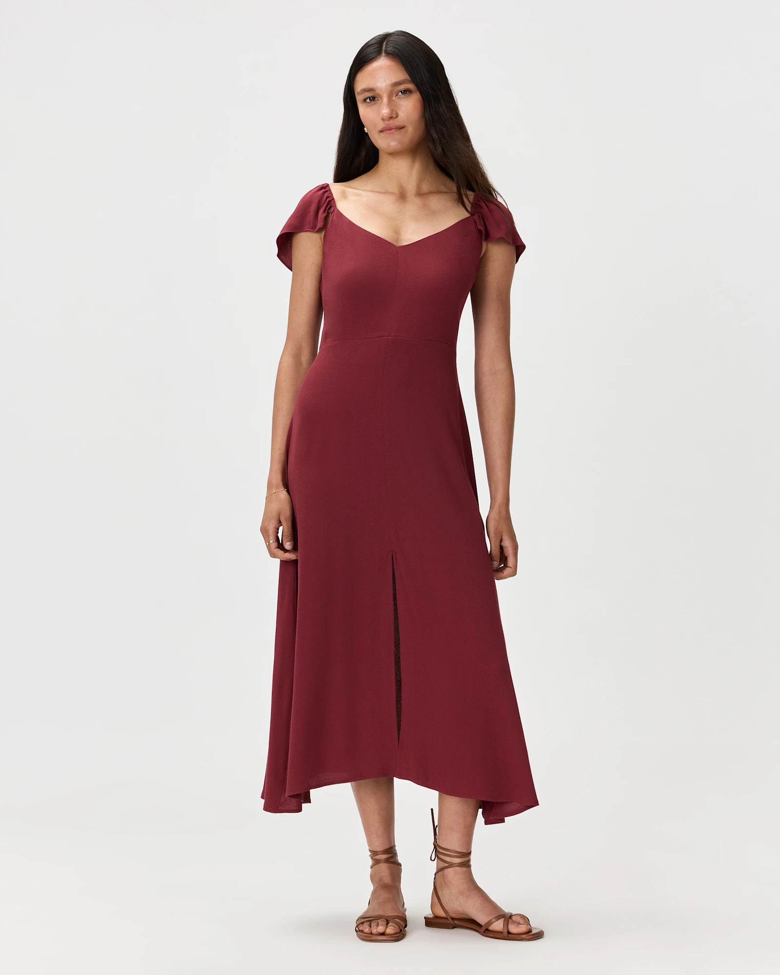 Quince | Women's Lightweight Crepe Flutter Sleeve Midi Dress in Maroon, Size XS, Viscose | Quince