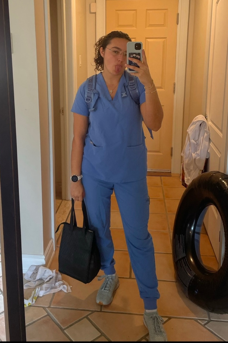 In my jogger scrubs that are so comfy and moisture wicking. My nobull sneakers are like walking on a cloud 😎 my book bag doubles as a suitcase :)

#LTKsalealert #LTKCyberWeek #LTKtravel