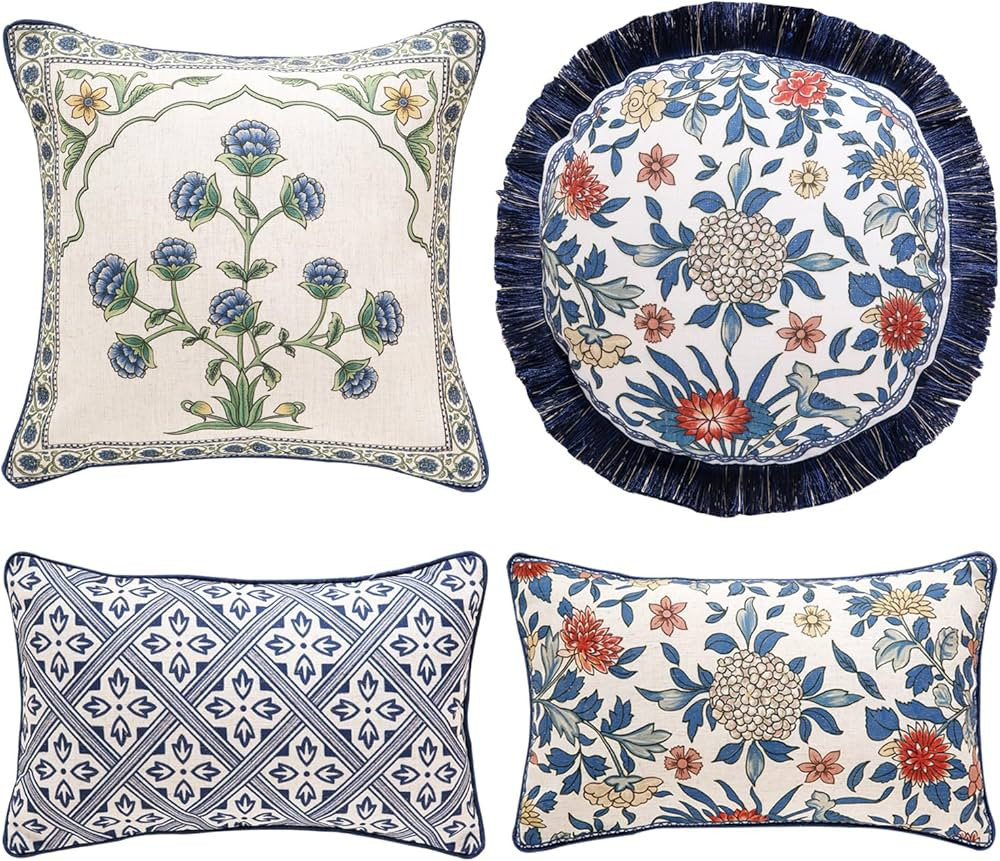 Designer Throw Pillow Covers Set of 4,Euro Elegant Linen with Chinoiserie Blue Floral Collection ... | Amazon (US)