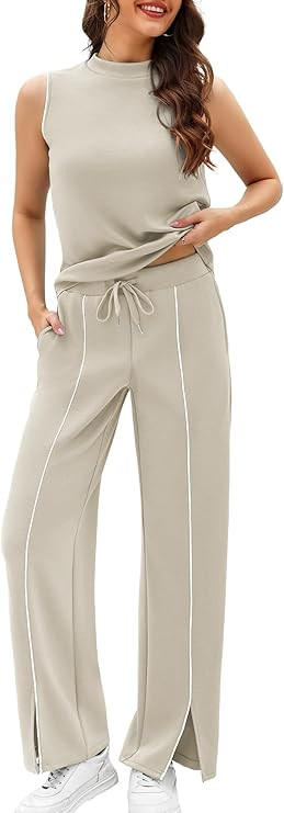 Casly Lamiit Women's 2 Piece Outfits Summer Casual Mock Neck Sleeveless Top Wide Leg Pant Sets Fr... | Amazon (US)