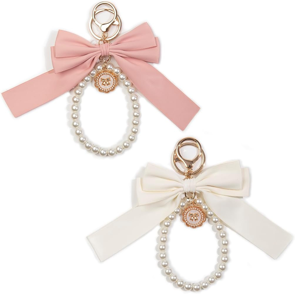 2pcs Bow Keychain, Cute Keychain, Wristlet Keychain, Ribbon Keychain Pearl Bag Charm for Purse Ha... | Amazon (US)