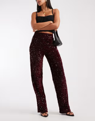 Pieces wide leg velour sequin trousers in burgundy | ASOS | ASOS (Global)
