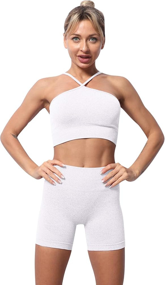 Womens Workout Sets 2 Piece Yoga Outfits Criss Cross Sports Bra High Waist Yoga Shorts Sets Track... | Amazon (US)