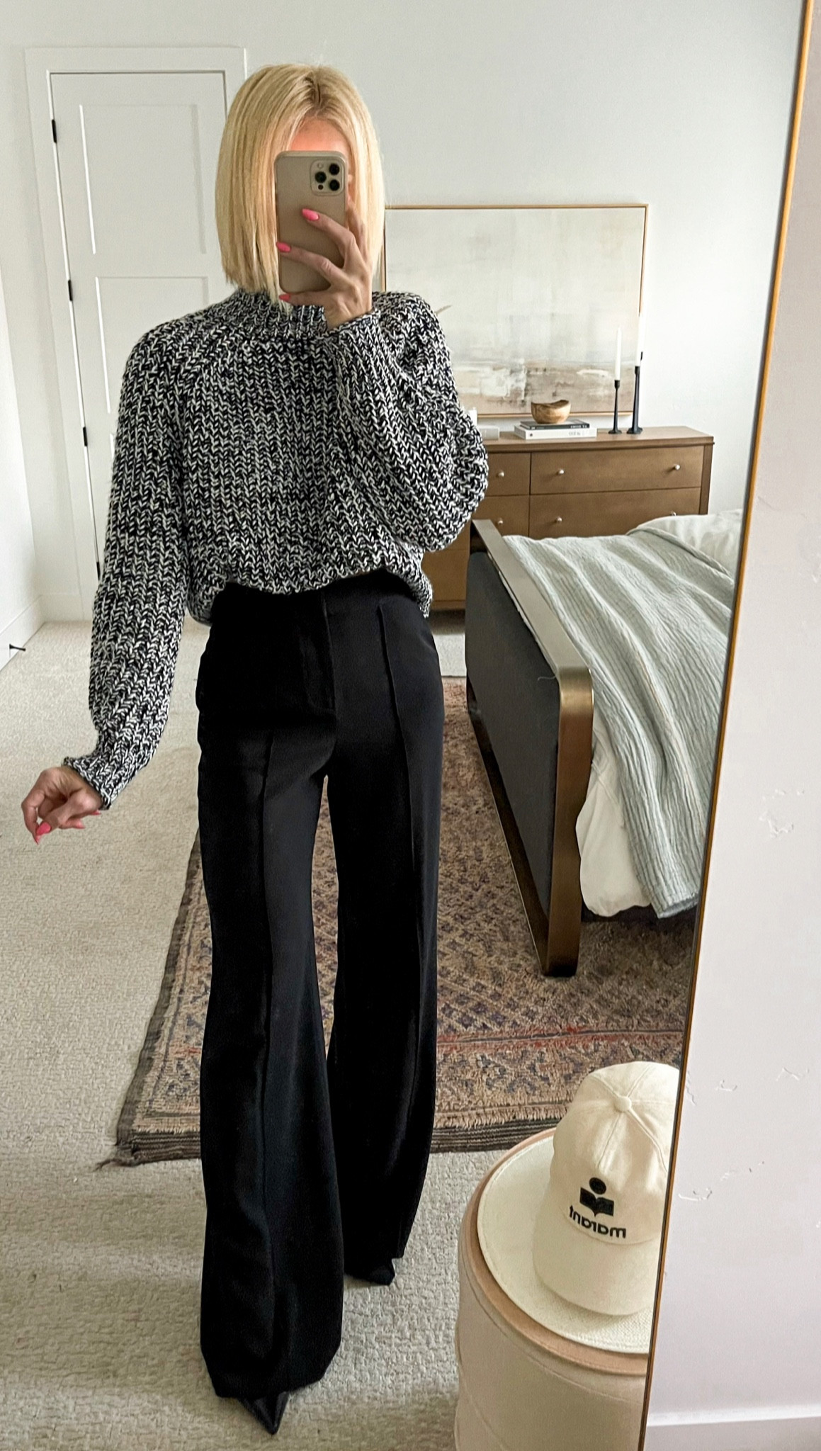 Sale, up to 20% off! Love this b&w chunky knit sweater. Comes in more colors. 

One of my best investment pieces are these wide leg trousers I bought over 5 years ago. Flattering center seam down the leg. Extra long length - meant to be altered. They run TTS. 
Linked a budget pair of trousers that LOOK great for the price. 
Sweater runs TTS, wearing a medium. 


#LTKsalealert #LTKHolidaySale #LTKHoliday