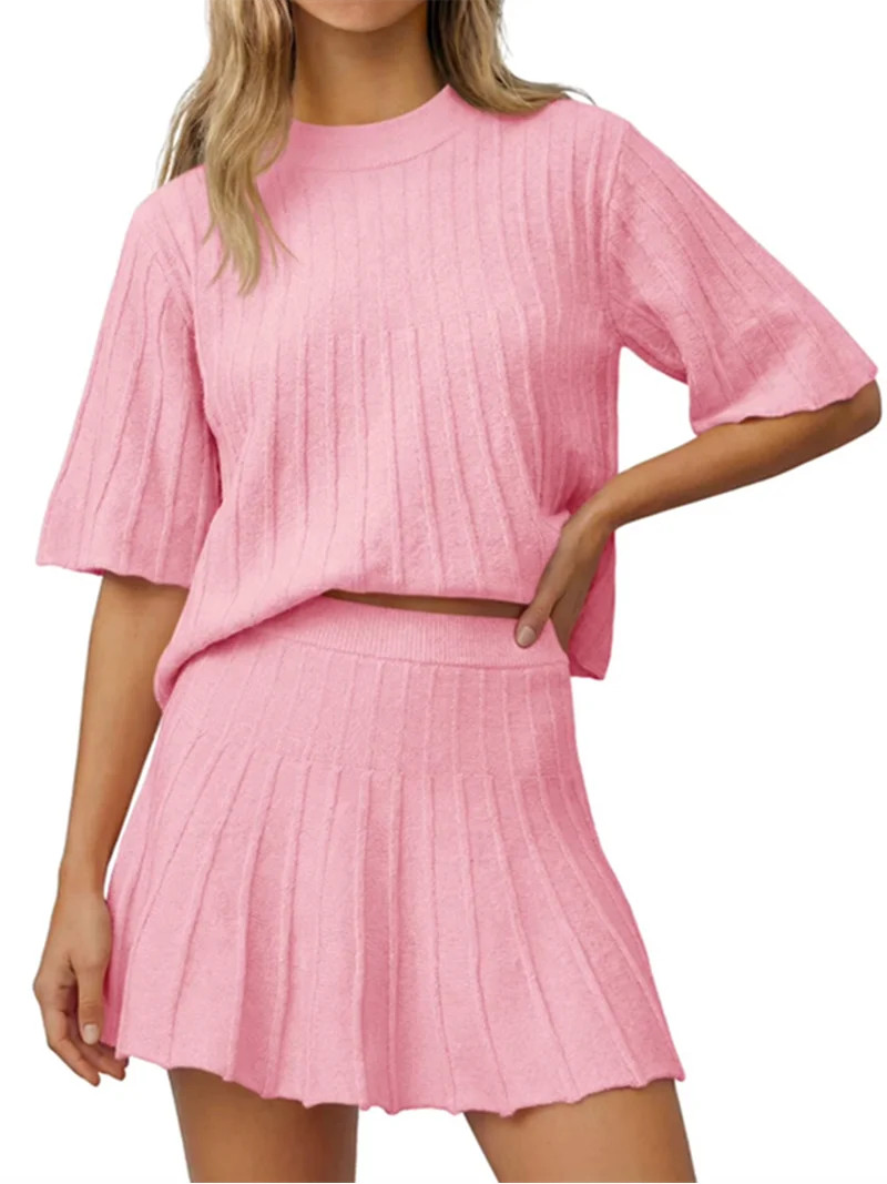 Women 2 Pieces Knit Set Half Sleeve Pullover Sweater and Mini Skirt Matching Sets | Walmart (US)
