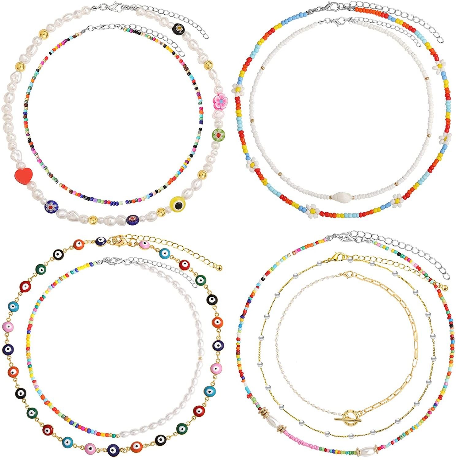 Beaded Choker Necklace Set, Boho Cute Colorful Seed Beads Necklace, Gold Pearl Chain Necklace Pack,  | Amazon (US)