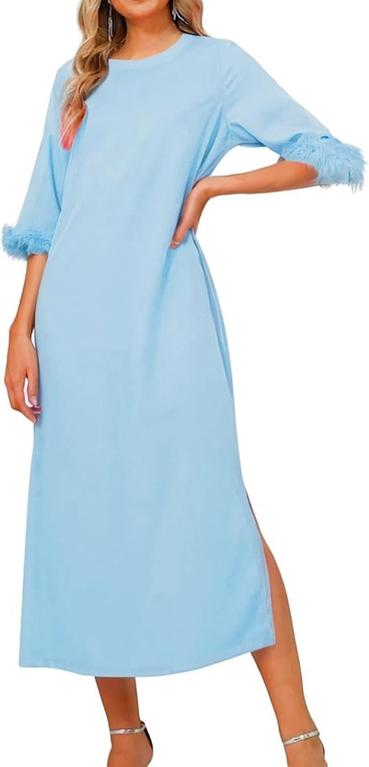 Women 3/4 Sleeve Crewneck Feather Dress A Line Swing Flowy Fall Casual Long Dress 2024 Trendy Out... | Amazon (US)