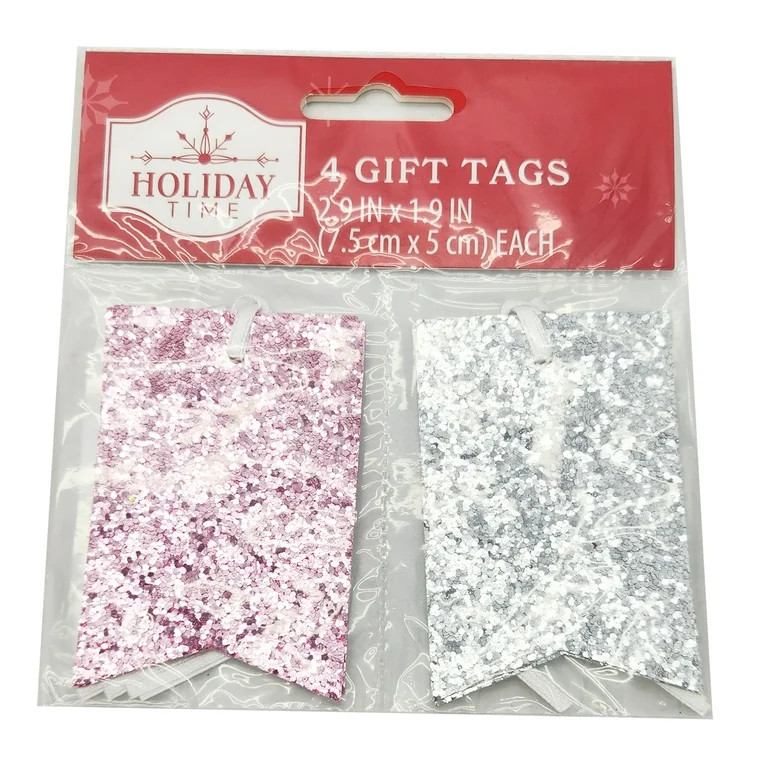 Christmas Glitter Gift Tags, Pink and Silver, 4 Count, by Holiday Time | Walmart (US)
