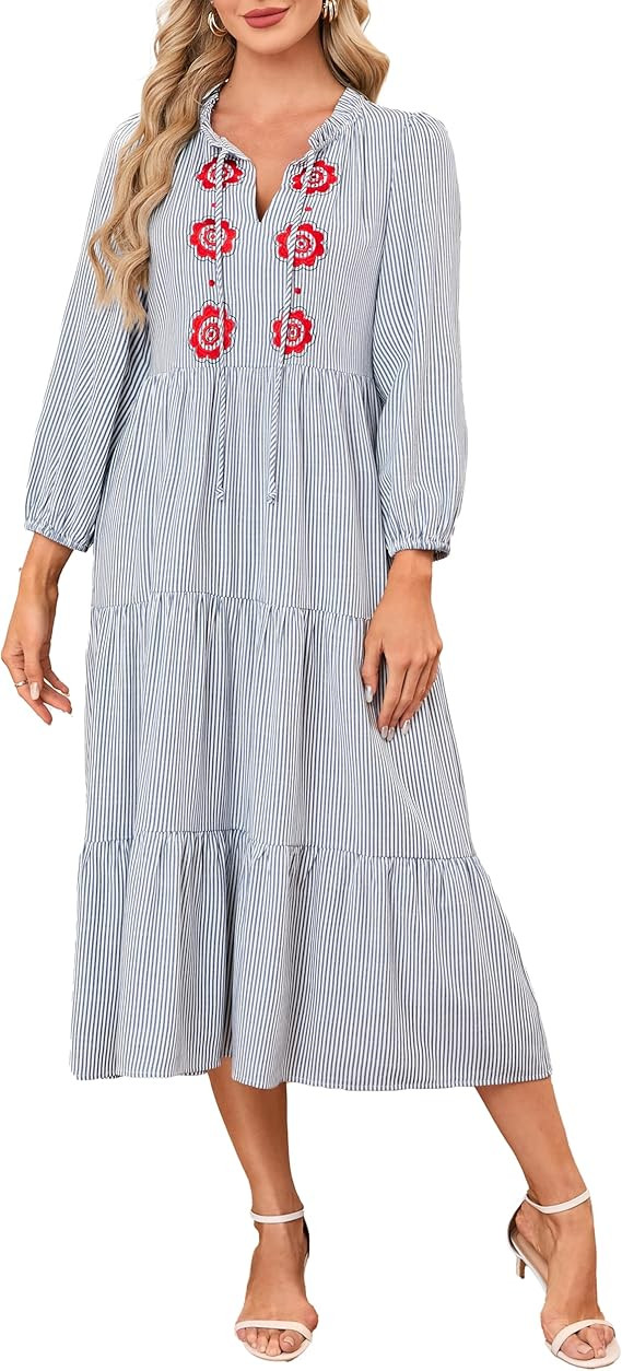 Women’s Striped Maxi Dresses Casual Tie Neck Floral Embroidery Flowy Tiered Boho Long Beach Dre... | Amazon (US)