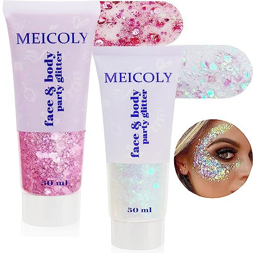 MEICOLY Pink and Clear White Face Body Glitter Set,Pink Face Glitter Gel,Singer Concerts Festival Rave Accessories,Glitter Face Paint for Women Kids,Mermaid Glitter Makeup,Body Glitter for Women | Amazon (US)