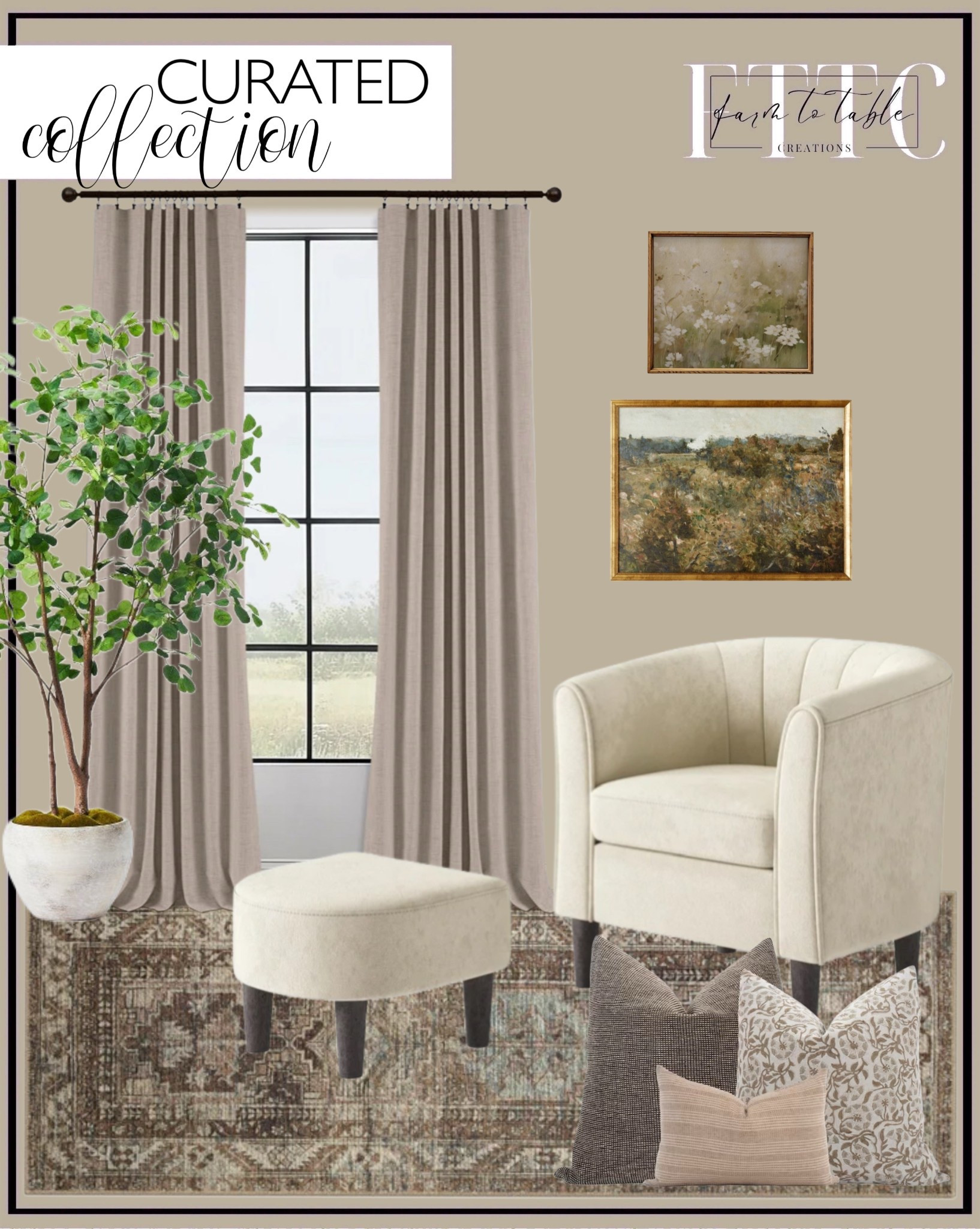 Curated Living Room Collection. Follow @farmtotablecreations on Instagram for more inspiration.

Accent Chair with Ottoman. Billie Oriental Clay/Sage Area Rug. Linen Curtains. Curtain Rods. Curtain Rings. Neutral Pillow Combo. Artificial Ficus Tree. Spring Printable Wall Art. Gold Gallery Wall Frame.

 Living Room | Spring Refresh |  Bedroom Finds | Neutral Stems | Spring Stems | Bookshelf Decor | Bedroom Space | Cozy Corner | Bathroom | Curated Entryway | Spring  Decor | End of Year Clearance | Trending Decor | Viral Decor  | Coffee Table Decor | Neutral Decor | Stem Sale | Target Finds | Skinny Bench | Bedroom | Living Room | Breakfast Nook | Amazon Home | Target Sale | Loloi Rugs | Magnolia Home | console table | console table styling | faux stems | entryway space | front porch decor | neutral decor | entryway decor | cozy home | affordable decor |  home decor | home inspiration | console styling | entryway rug | cozy moody home | moody home decor | neutral home | bathroom decor | living room | spring decor | Hearth & Hand | Studio McGee | 2025 Home Trends | trending home | Walmart Home Finds


#LTKSaleAlert #LTKHome #LTKFindsUnder50