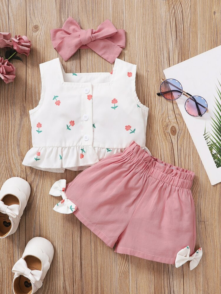 Baby Girl Floral Peplum Tank Top & Bow Shorts & Headband | SHEIN
