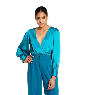 Women's Crossover Satin Bodysuit - Sergio Hudson x Target Teal | Target