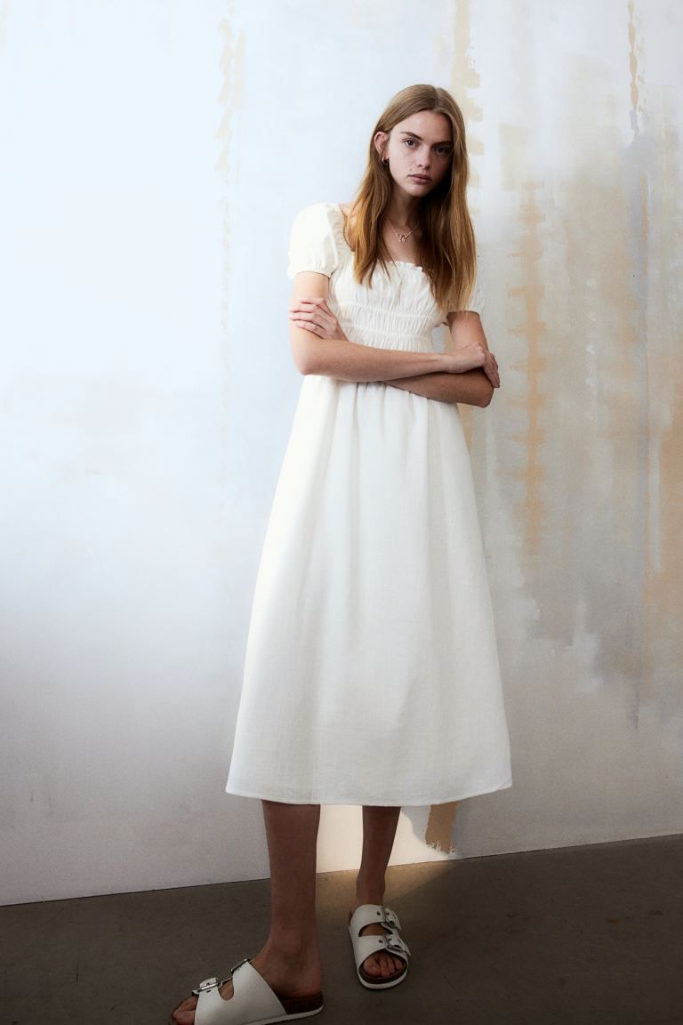 Linen-blend Smocked-waist Dress - Cream - Ladies | H&M US | H&M (US + CA)