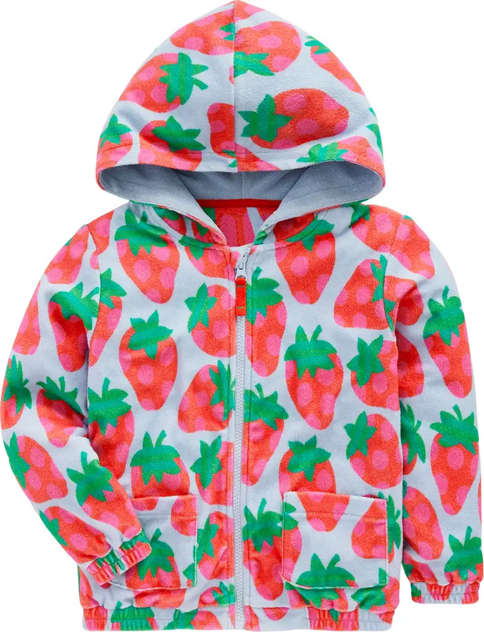 Mini Boden Kids' Strawberry Print Terry Cloth Zip-Up Hoodie | Nordstrom | Nordstrom