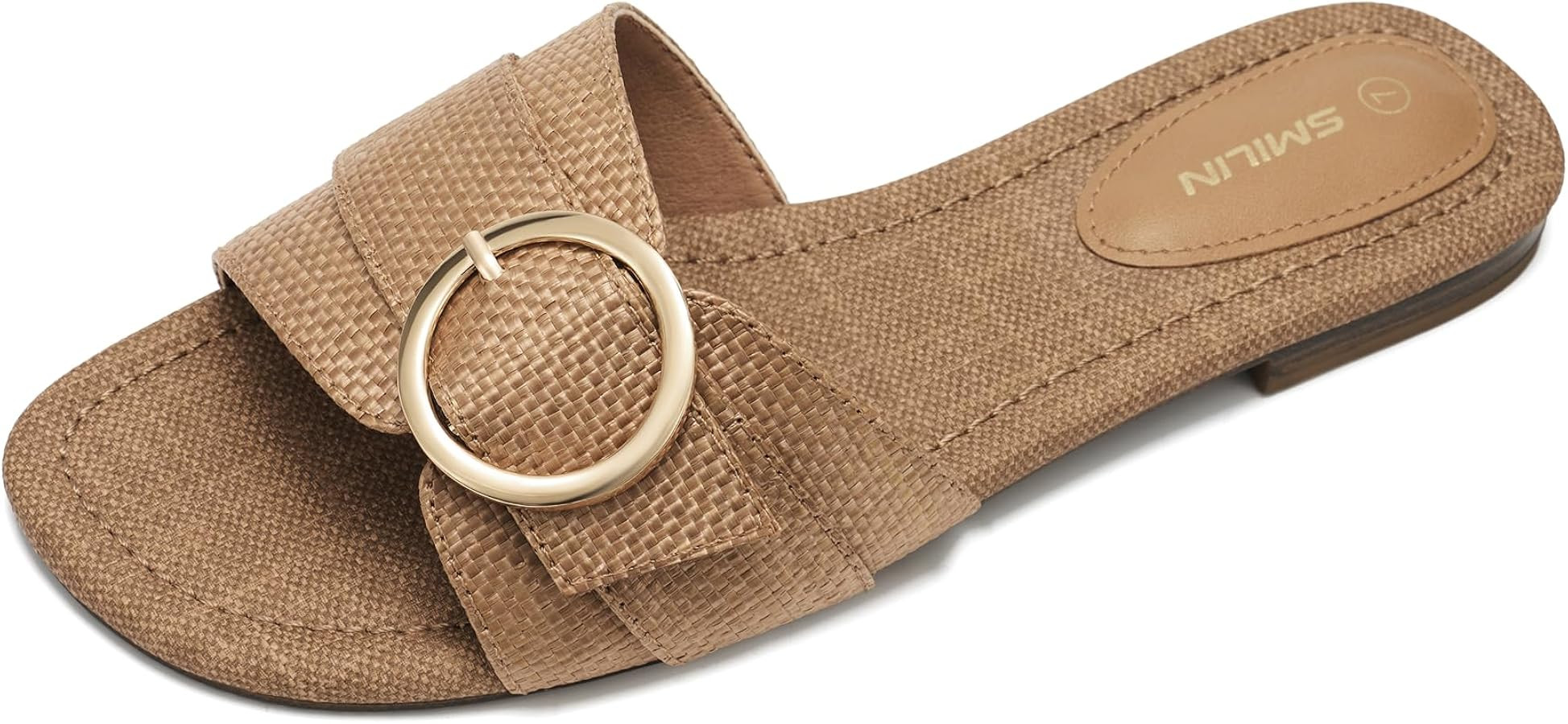 SMILIN Raffia Sandals Women, Woven Slides Flat Summer Vacation Beach Shoes | Amazon (US)