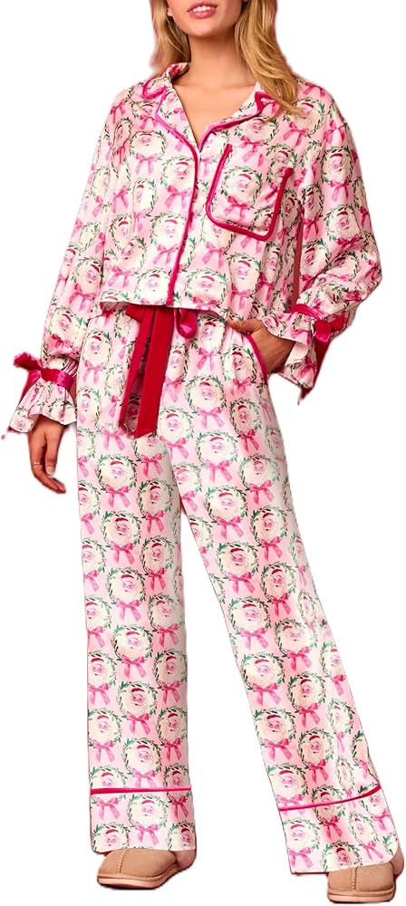 Argeousgor Christmas Pajamas for Women Bow Tie Long Sleeve Shirt Pants Satin Silk Funny Graphic 2... | Amazon (US)