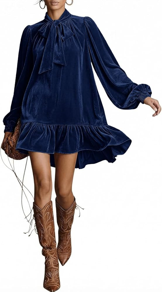 Dokotoo Women Long Sleeve Casual Mini Bow Tie Velvet Dress 2026 with Pocket     Casual Fall Winte... | Amazon (US)