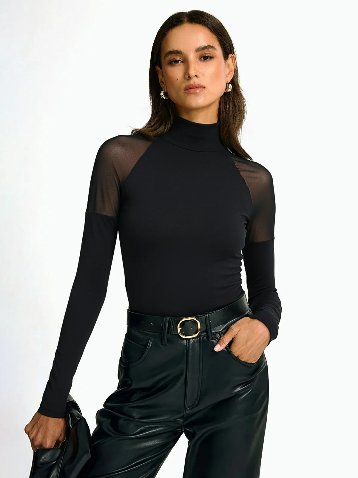 Sheer Mesh Shoulder Turtleneck Long Sleeve Top | Commense
