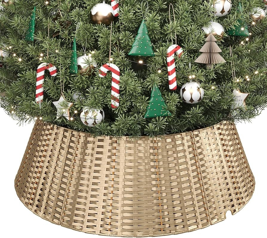 ELYKEN Gold Christmas Tree Collar, 33 Inch Woven Xmas Tree Skirt Cord Cut-Out - Protects Tree Bas... | Amazon (US)