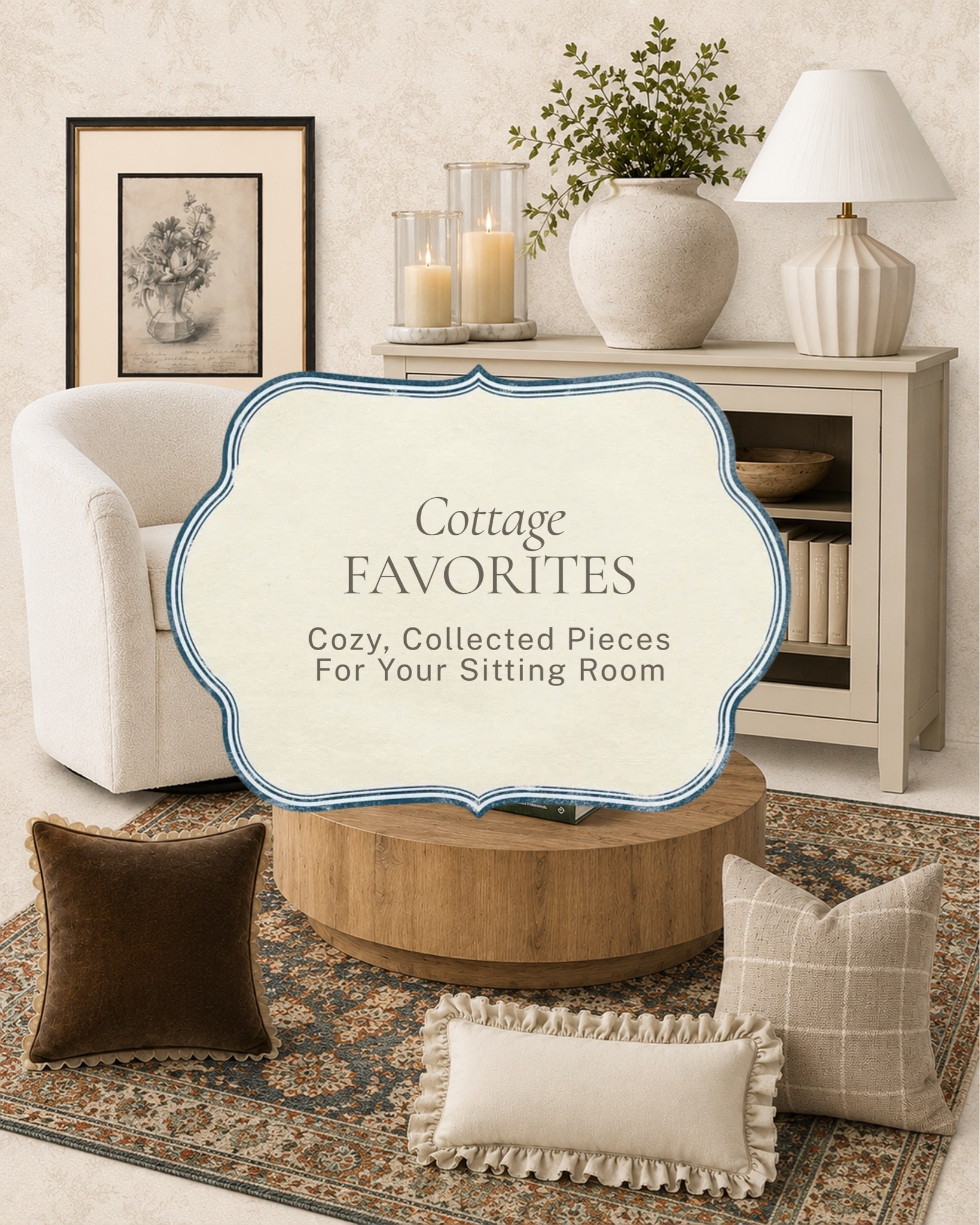 A sitting room that feels warm, collected, and impossible to leave ✨ 

A few cottage favorites: a boucle swivel chair, a round wood coffee table, layered pillows, and those cozy details that make a space feel lived in and completely yours.

 All linked here 🤍 

#LTKhome