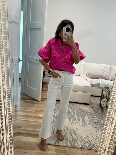 Pink puff sleeve top smallest size, white jeans size 24 code Alexis15 
Spring outfit 

#LTKfindsunder100 #LTKfindsunder50 #LTKover40