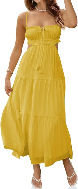 Fisoew Women's Spaghetti Strap Maxi Dress Summer Sleeveless Side Cut Out Dress Casual Boho Backle... | Amazon (US)
