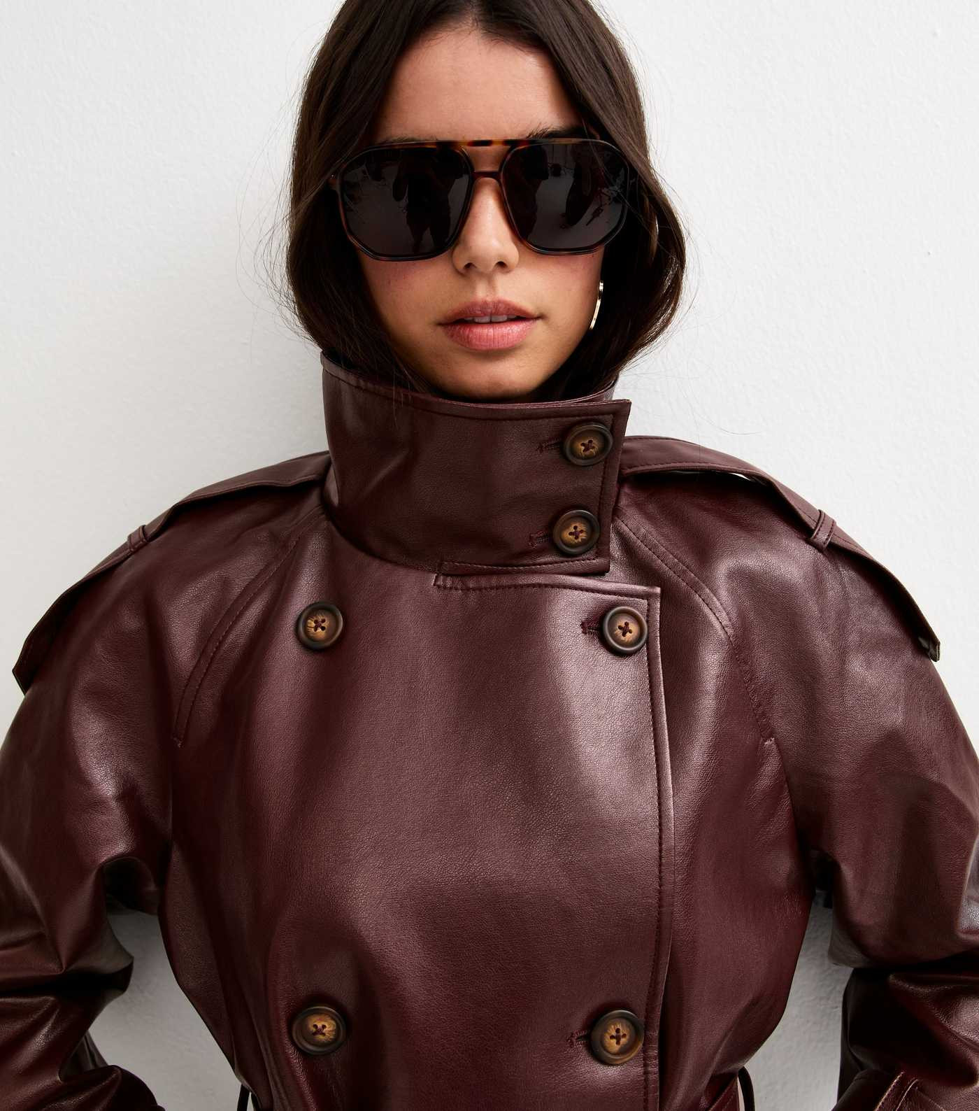 Dark Burgundy Faux Leather Belted Funnel Neck Jacket | New Look | New Look (UK)
